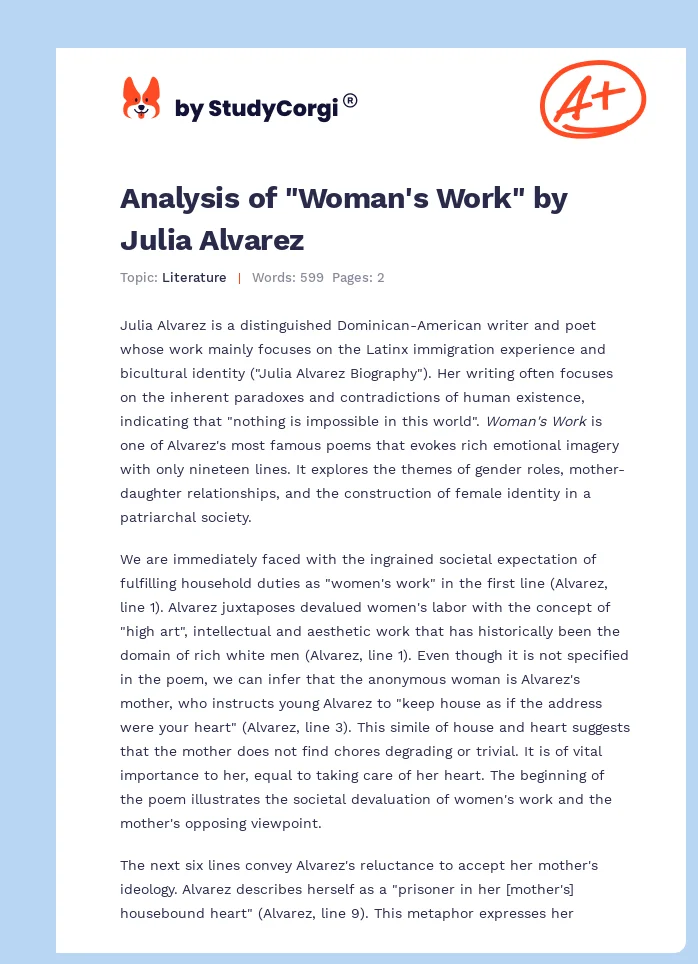 Analysis of "Woman's Work" by Julia Alvarez. Page 1