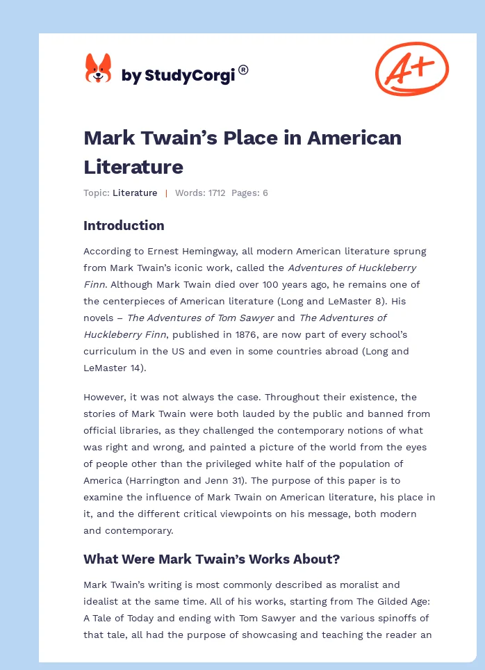 Mark Twain’s Place in American Literature. Page 1