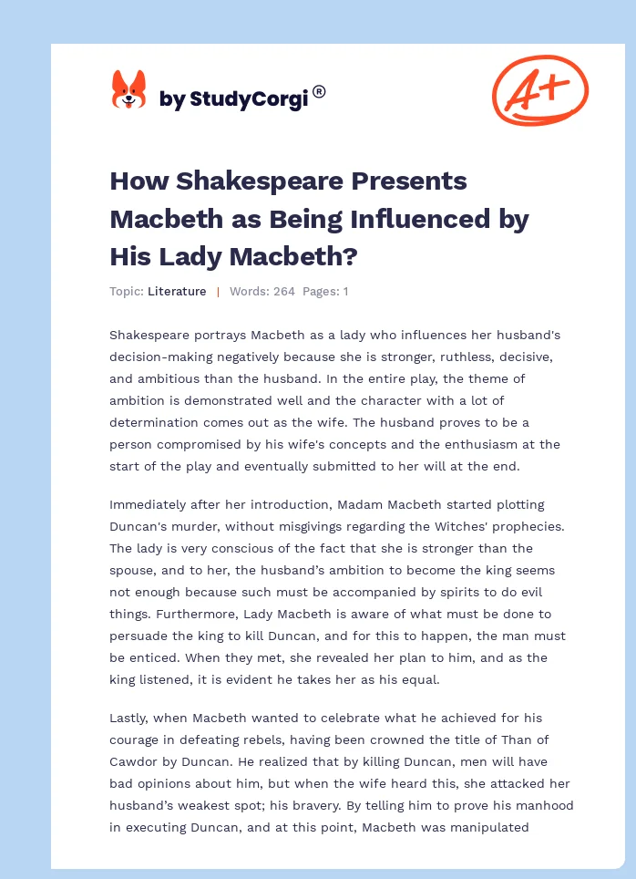 How Shakespeare Presents Macbeth as Being Influenced by His Lady Macbeth?. Page 1