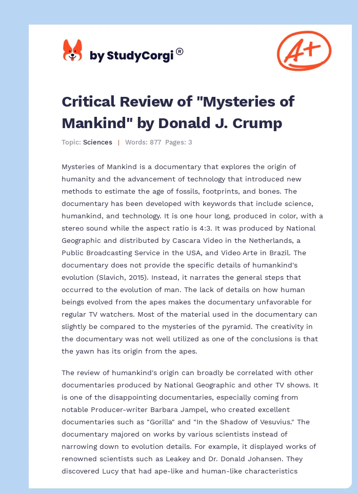 Critical Review of "Mysteries of Mankind" by Donald J. Crump. Page 1