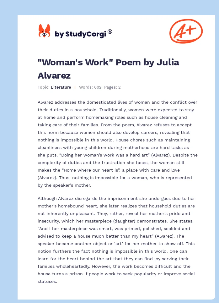 "Woman's Work" Poem by Julia Alvarez. Page 1