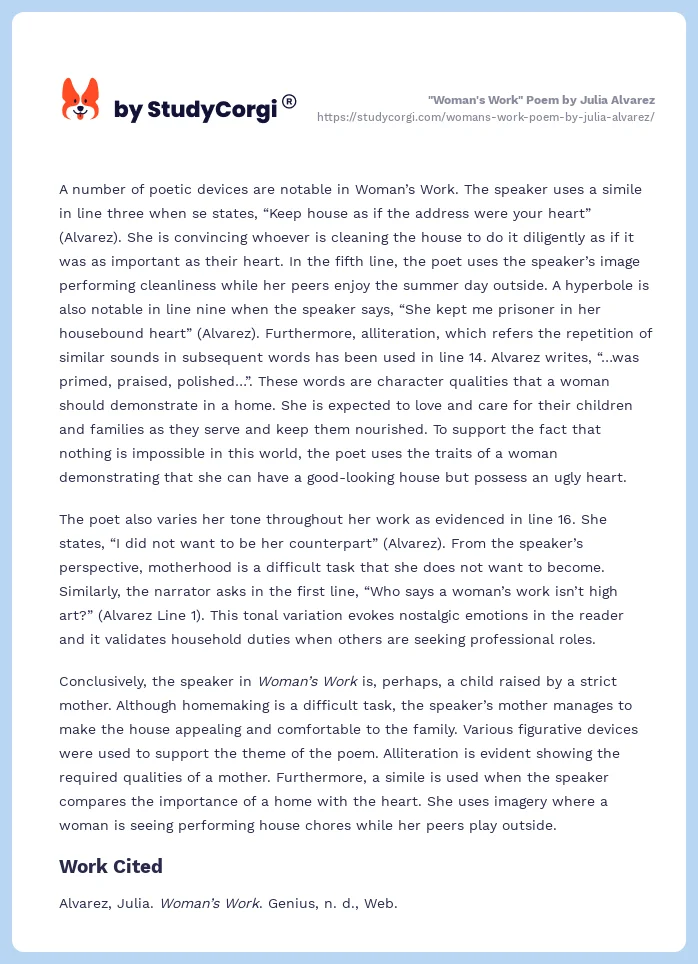 "Woman's Work" Poem by Julia Alvarez. Page 2