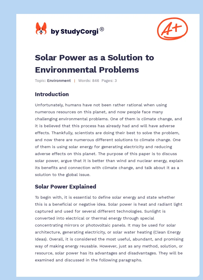 Solar Power as a Solution to Environmental Problems. Page 1