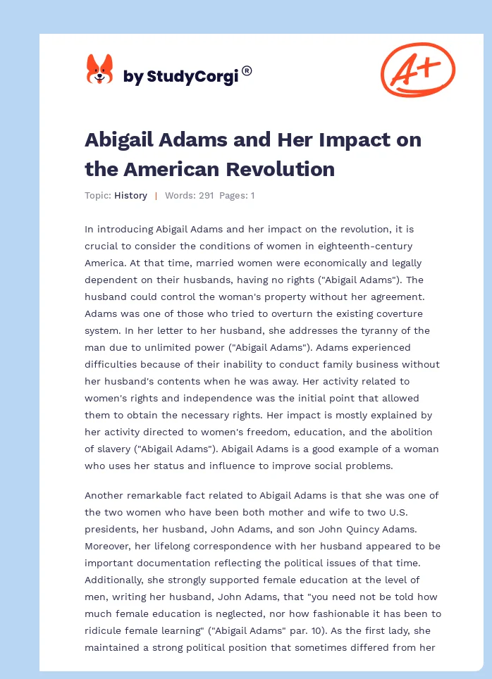 Abigail Adams and Her Impact on the American Revolution. Page 1