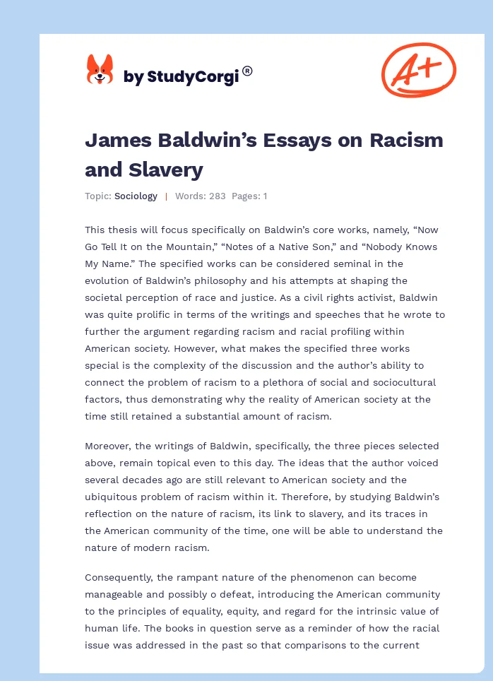 James Baldwin’s Essays on Racism and Slavery. Page 1