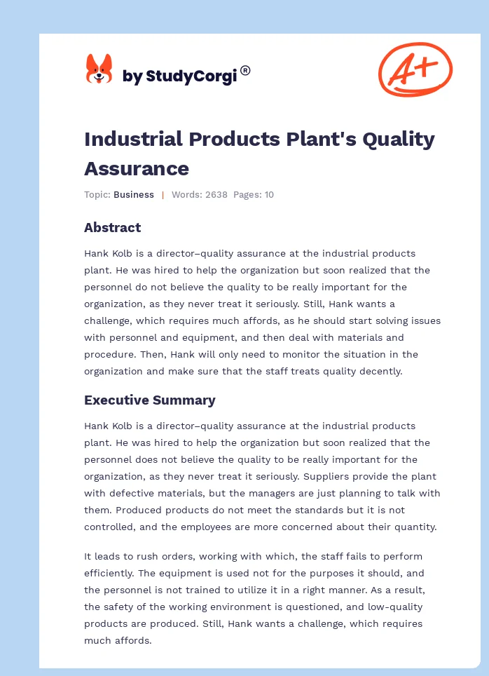 Industrial Products Plant's Quality Assurance. Page 1