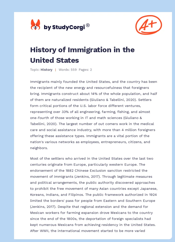 History of Immigration in the United States. Page 1