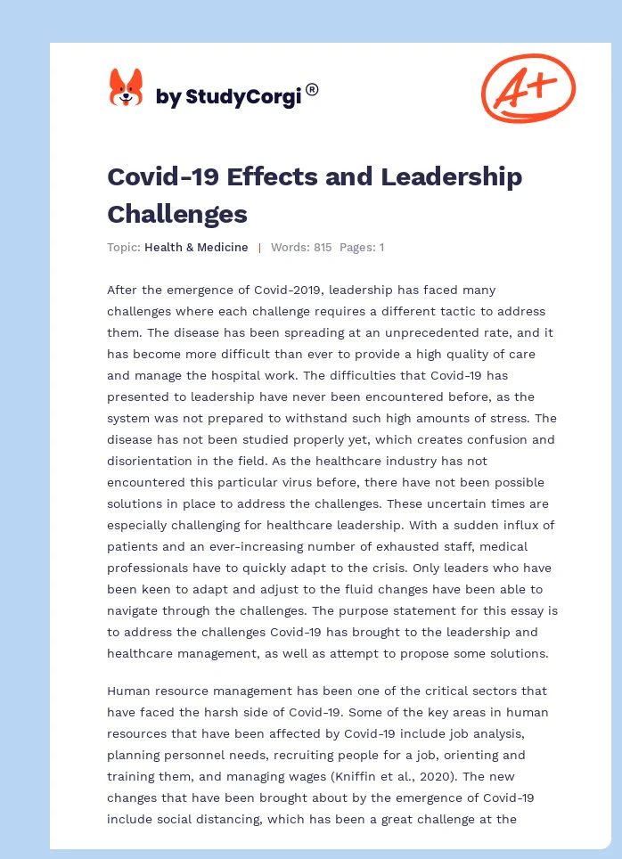 Covid-19 Effects and Leadership Challenges. Page 1