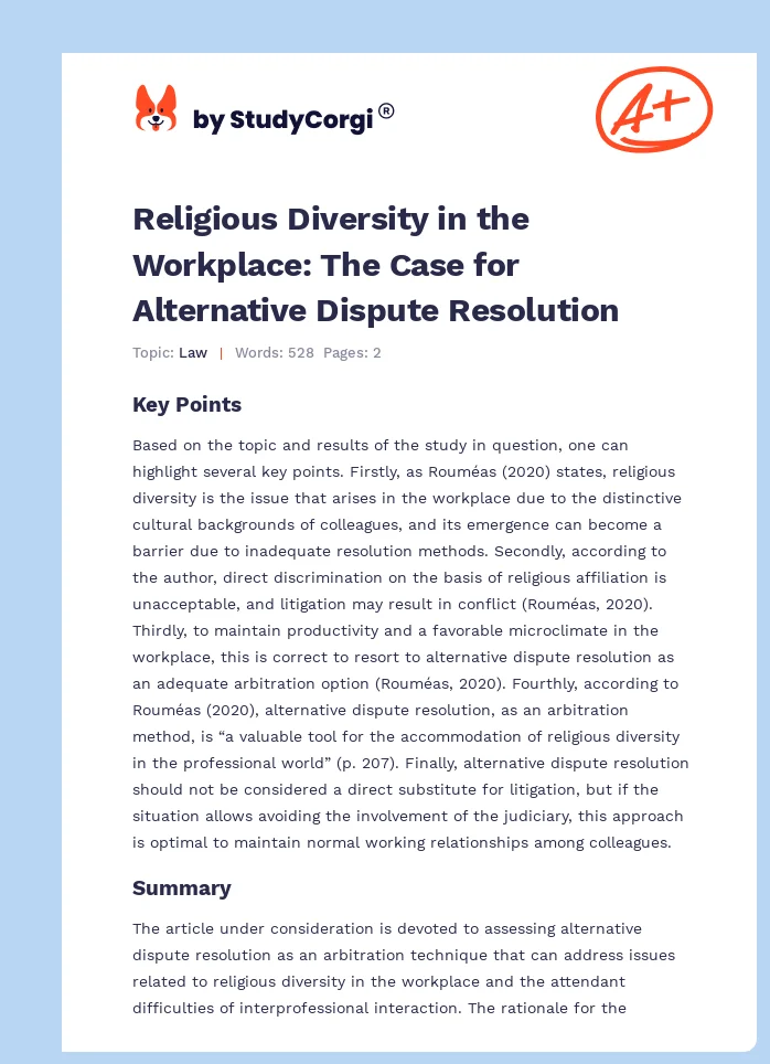 Religious Diversity in the Workplace: The Case for Alternative Dispute Resolution. Page 1