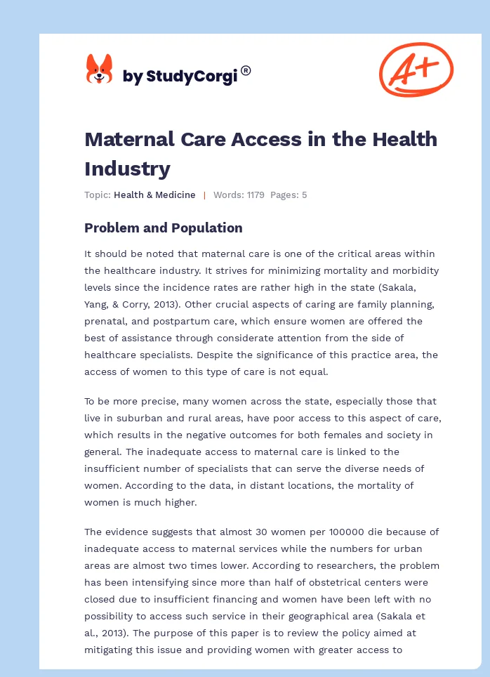 Maternal Care Access in the Health Industry. Page 1