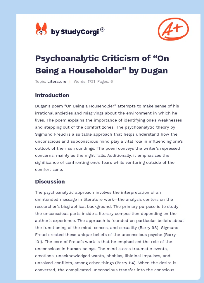 Psychoanalytic Criticism of “On Being a Householder” by Dugan. Page 1