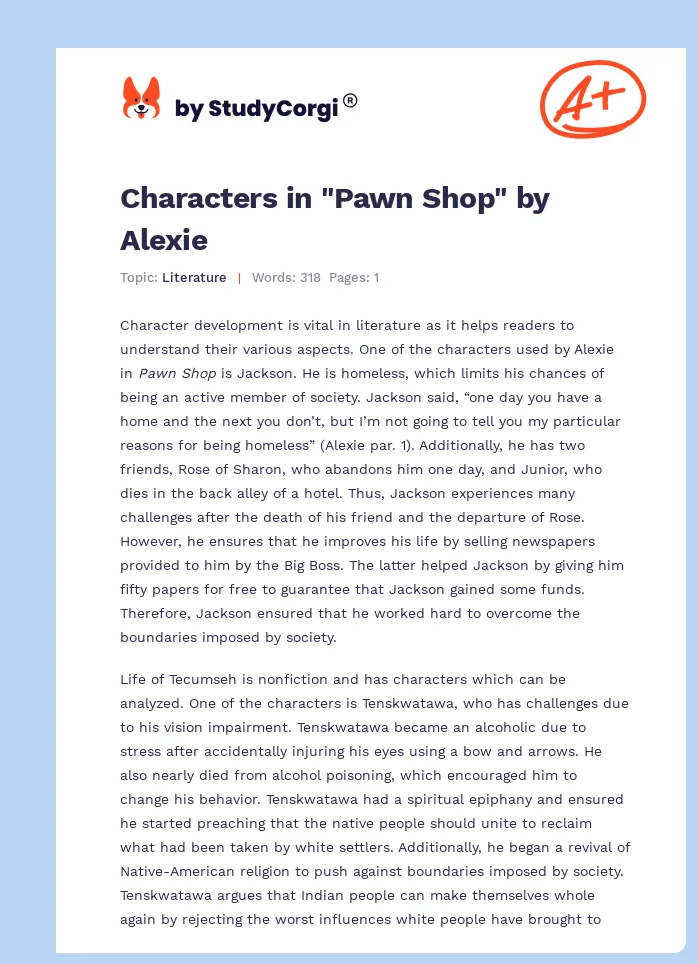 Characters in "Pawn Shop" by Alexie. Page 1