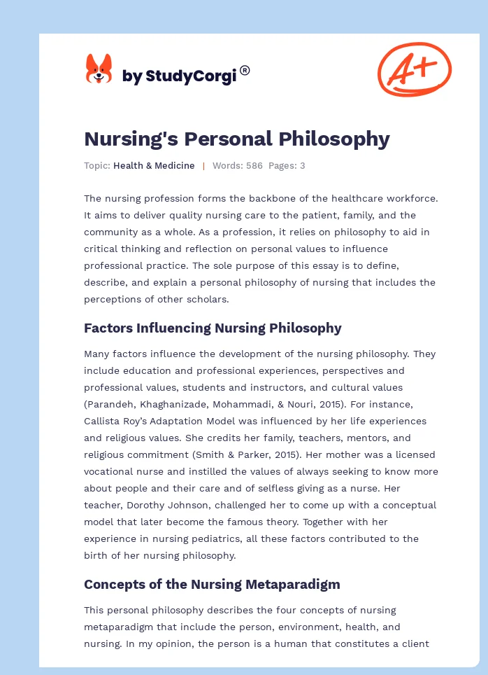 Nursing's Personal Philosophy. Page 1