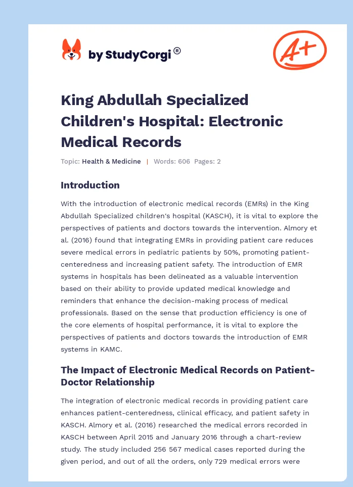 King Abdullah Specialized Children's Hospital: Electronic Medical Records. Page 1