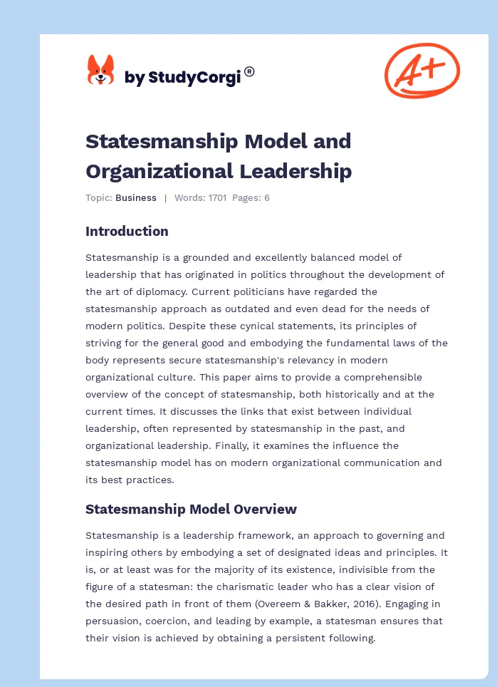 Statesmanship Model and Organizational Leadership. Page 1
