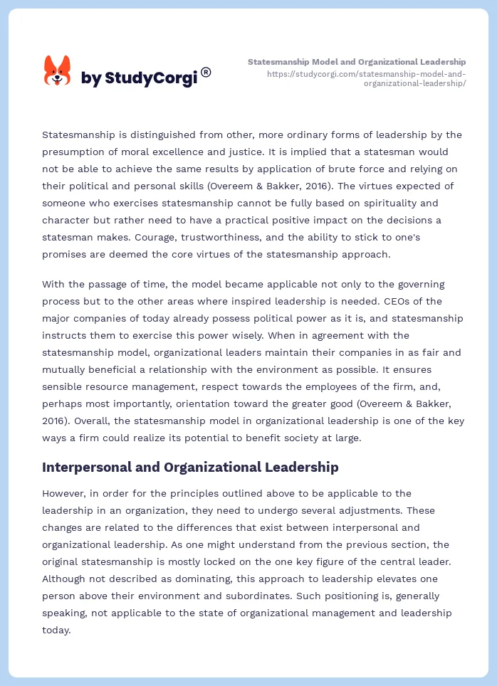 Statesmanship Model and Organizational Leadership. Page 2