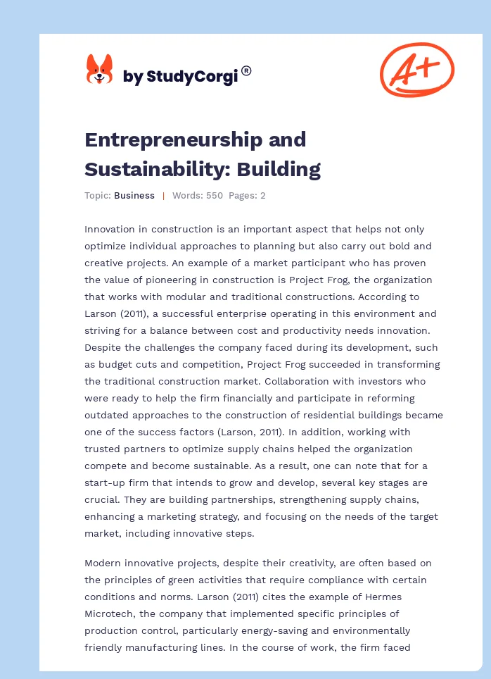 Entrepreneurship and Sustainability: Building. Page 1