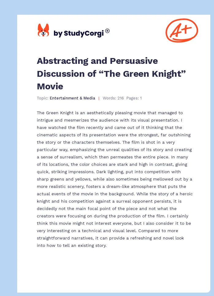 Abstracting and Persuasive Discussion of “The Green Knight” Movie. Page 1