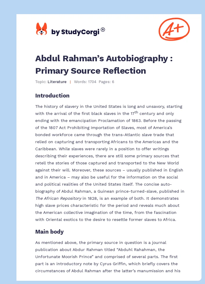 Abdul Rahman’s Autobiography : Primary Source Reflection. Page 1
