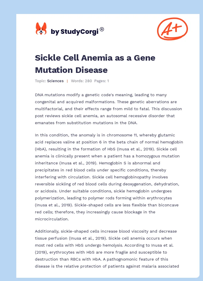 Sickle Cell Anemia as a Gene Mutation Disease. Page 1