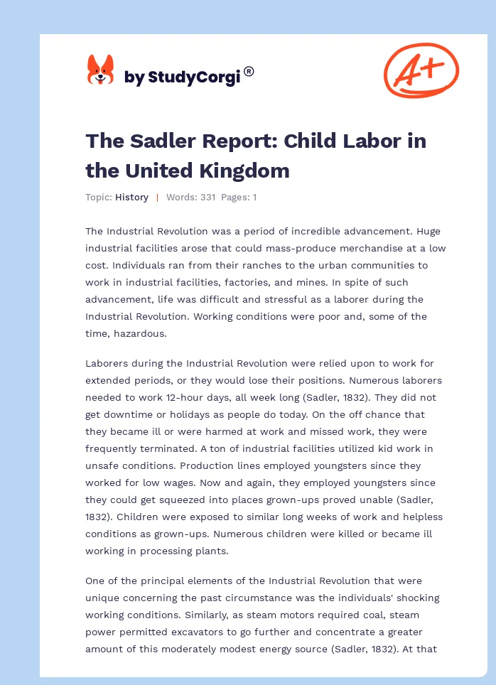 The Sadler Report: Child Labor in the United Kingdom. Page 1