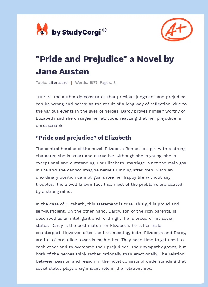 "Pride and Prejudice" a Novel by Jane Austen. Page 1