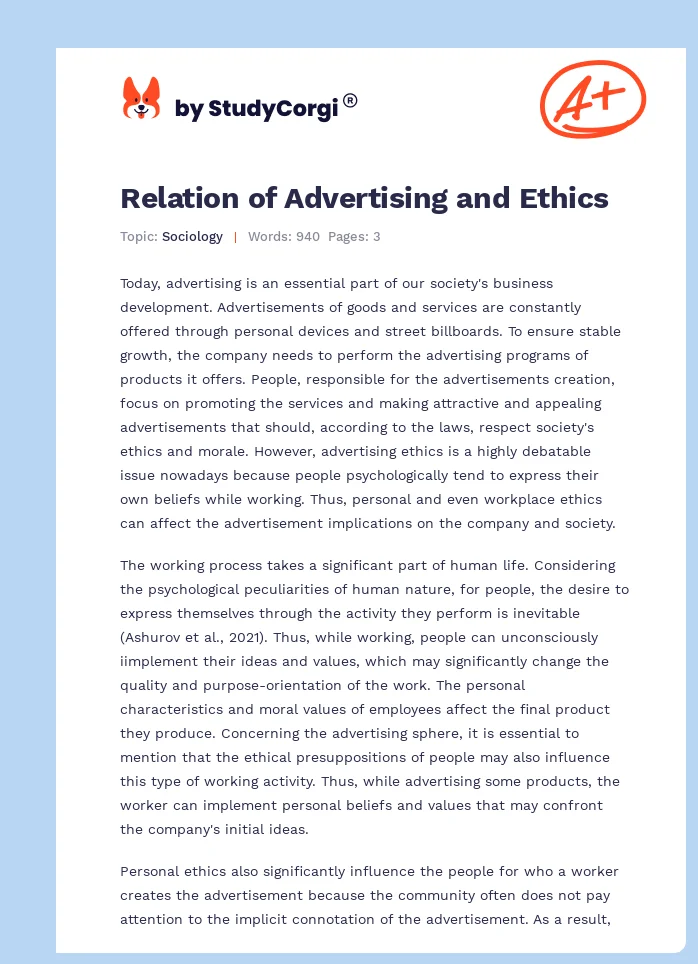Relation of Advertising and Ethics. Page 1