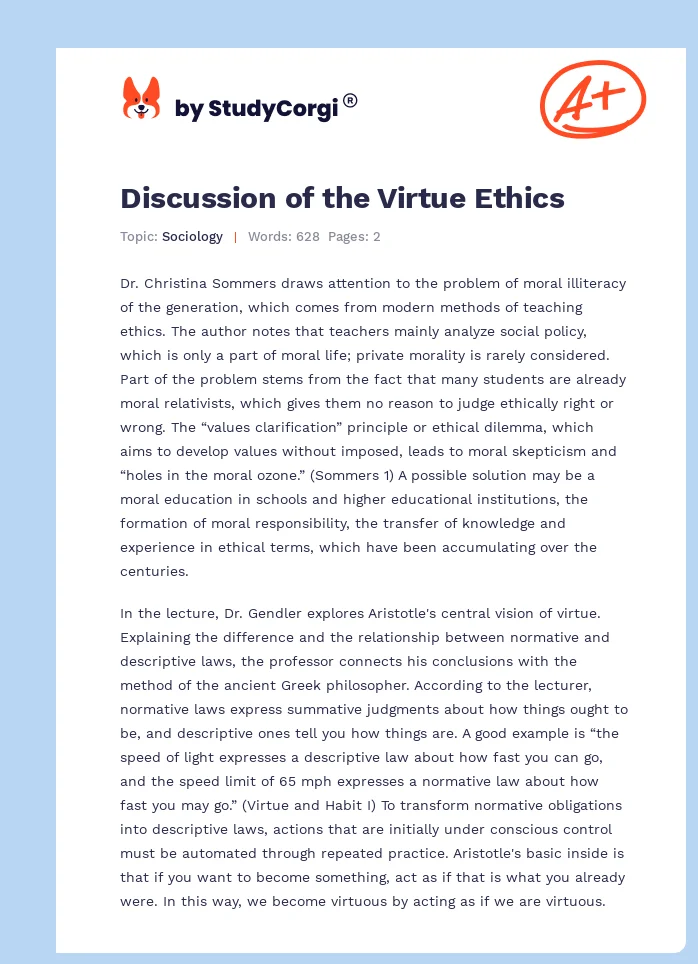 Discussion of the Virtue Ethics. Page 1