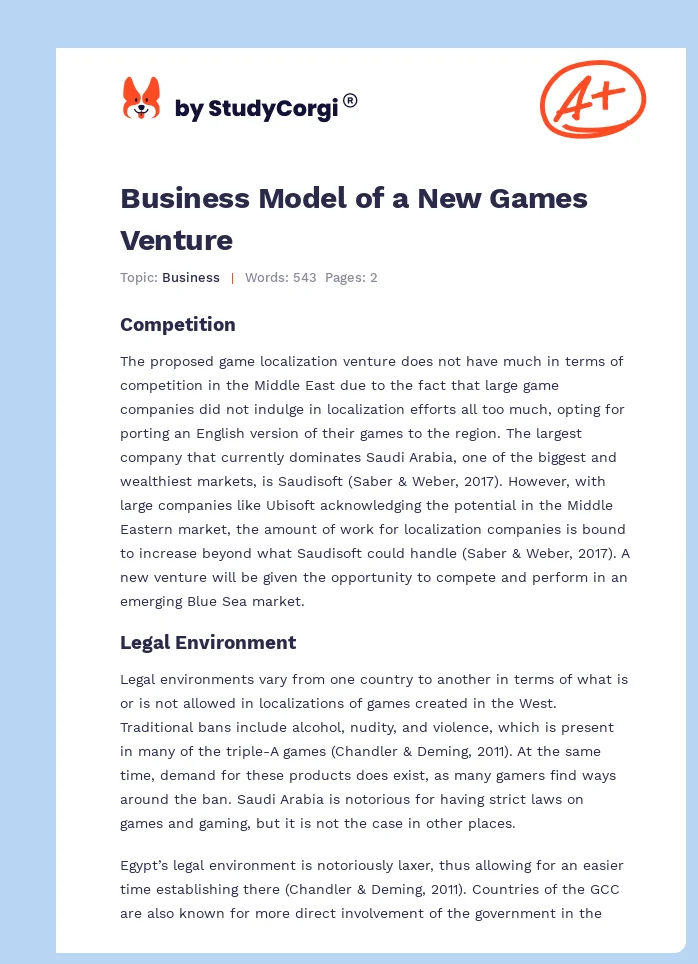 Business Model of a New Games Venture. Page 1