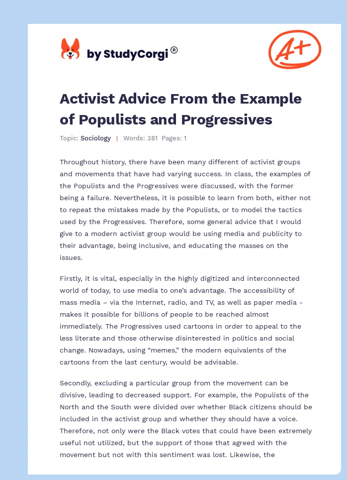 Activist Advice From the Example of Populists and Progressives. Page 1