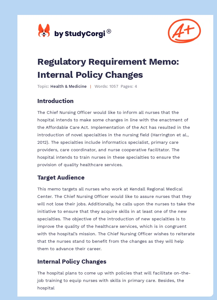 Regulatory Requirement Memo: Internal Policy Changes. Page 1