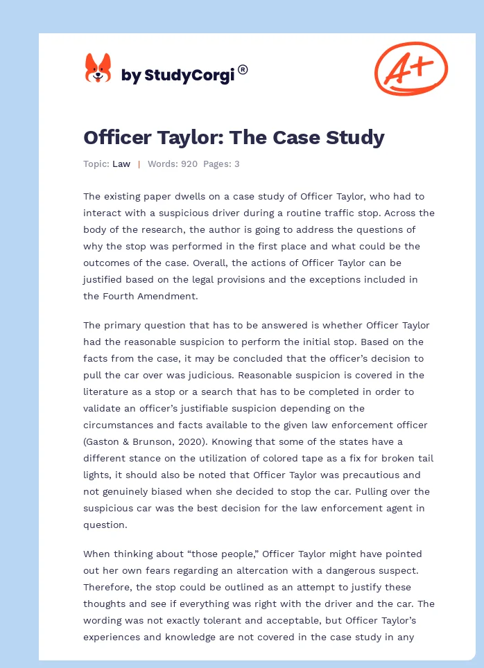 Officer Taylor: The Case Study. Page 1