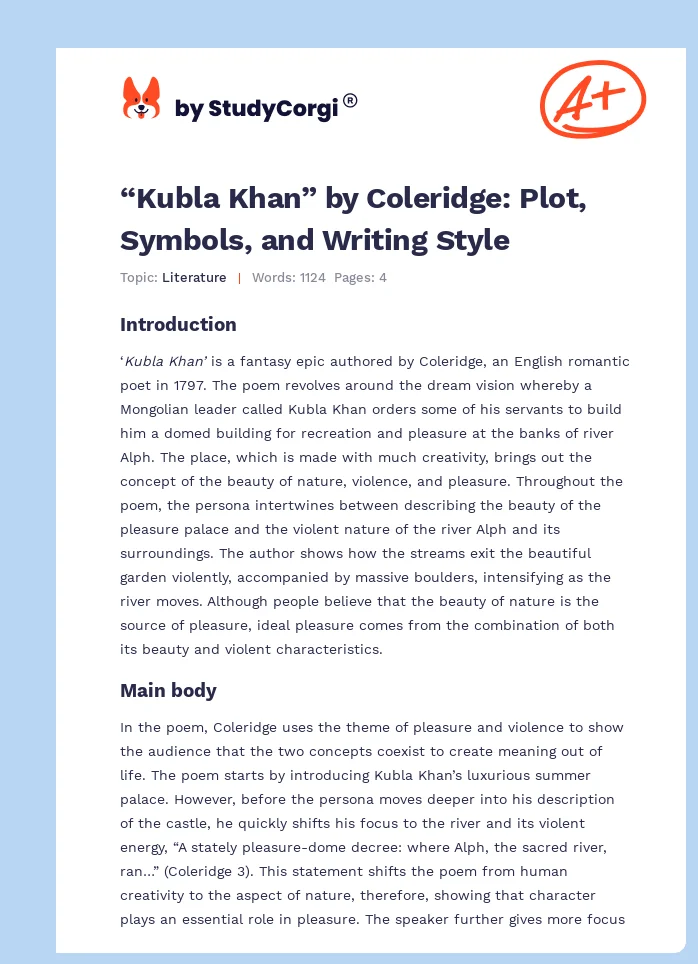“Kubla Khan” by Coleridge: Plot, Symbols, and Writing Style. Page 1