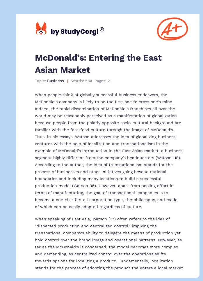McDonald’s: Entering the East Asian Market. Page 1