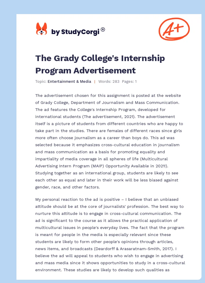 The Grady College's Internship Program Advertisement. Page 1