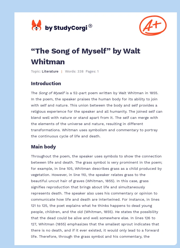 “The Song of Myself” by Walt Whitman. Page 1