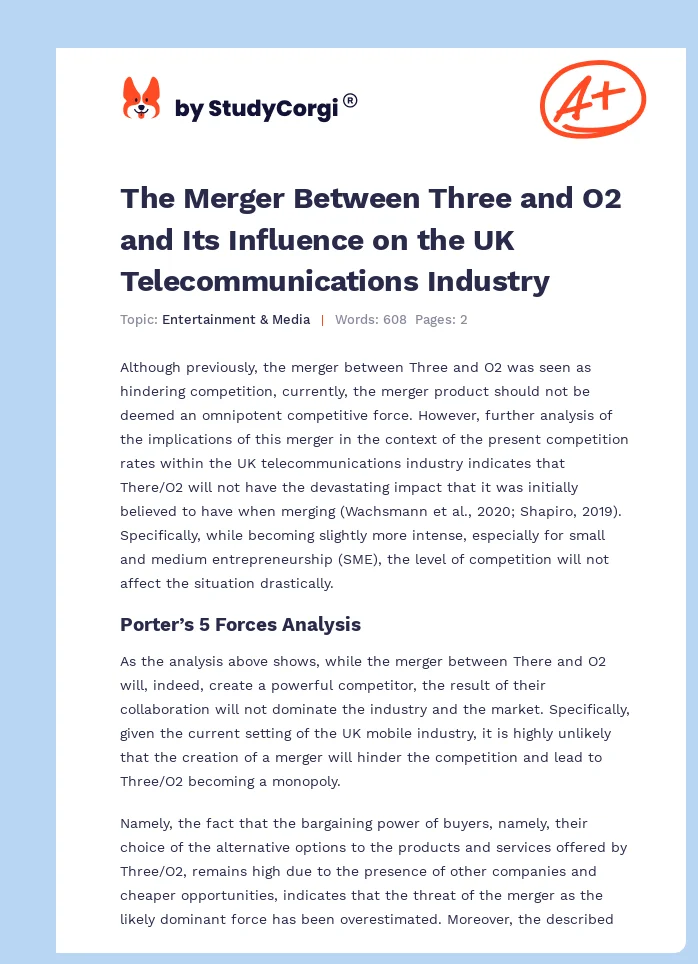 The Merger Between Three and O2 and Its Influence on the UK Telecommunications Industry. Page 1