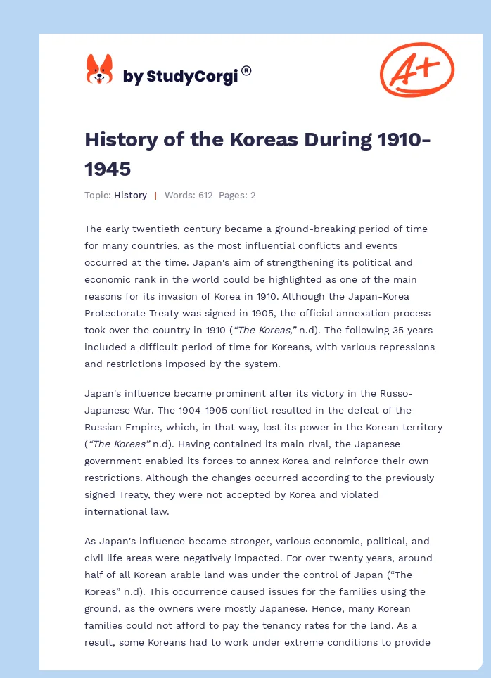 History of the Koreas During 1910-1945. Page 1