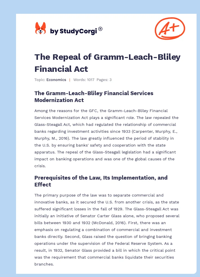 The Repeal of Gramm-Leach-Bliley Financial Act. Page 1
