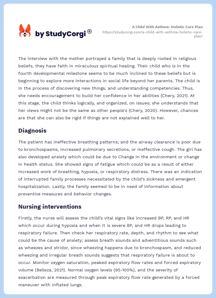 A Child With Asthma: Holistic Care Plan. Page 2