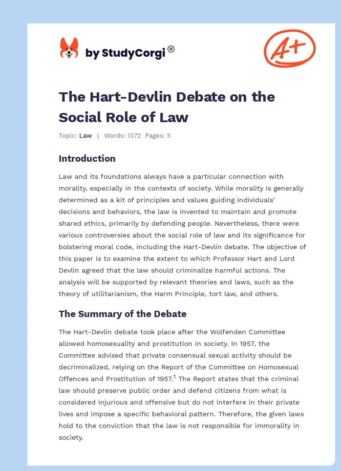 The Hart-Devlin Debate on the Social Role of Law. Page 1