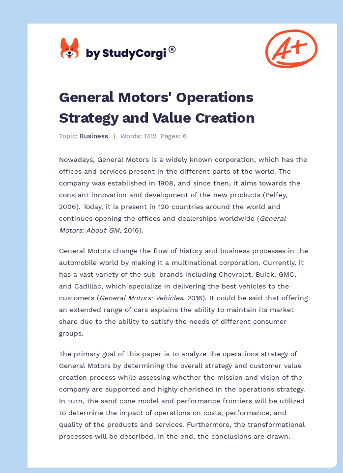 General Motors' Operations Strategy and Value Creation. Page 1