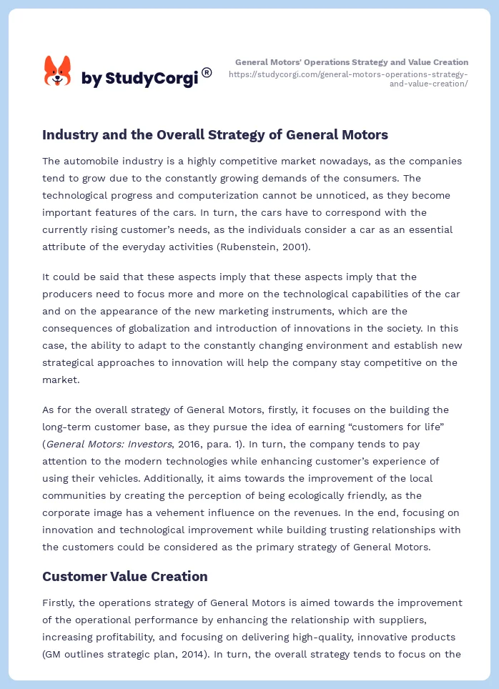 General Motors' Operations Strategy and Value Creation. Page 2