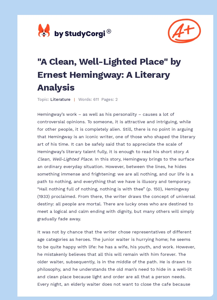 "A Clean, Well-Lighted Place" by Ernest Hemingway: A Literary Analysis. Page 1