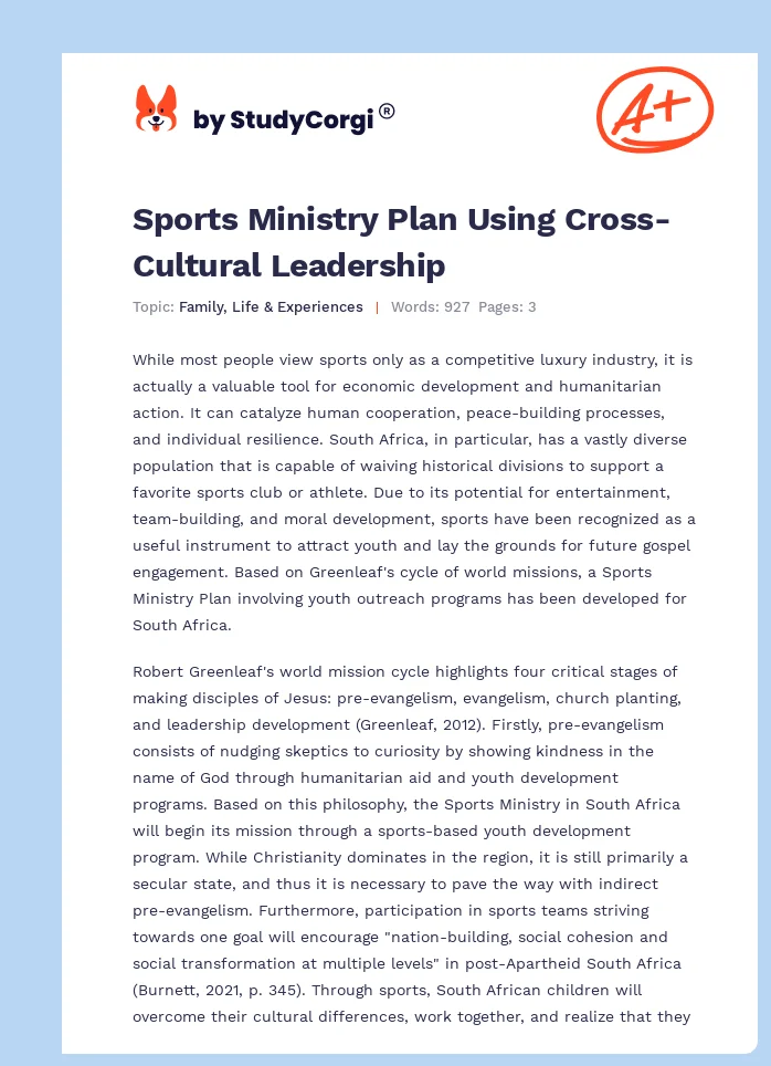 Sports Ministry Plan Using Cross-Cultural Leadership. Page 1