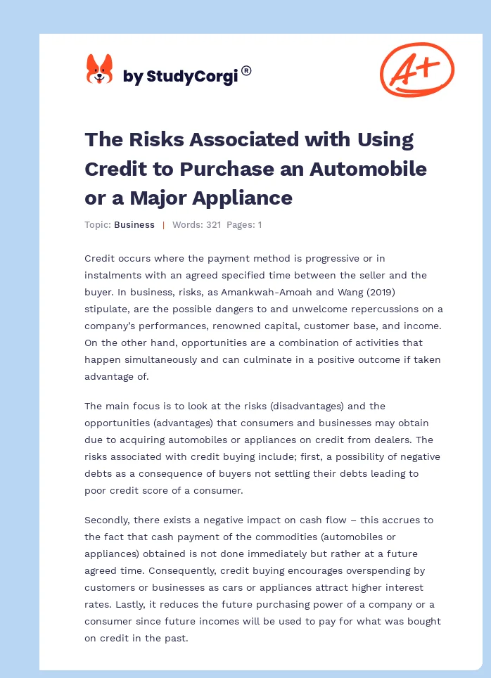 The Risks Associated with Using Credit to Purchase an Automobile or a Major Appliance. Page 1