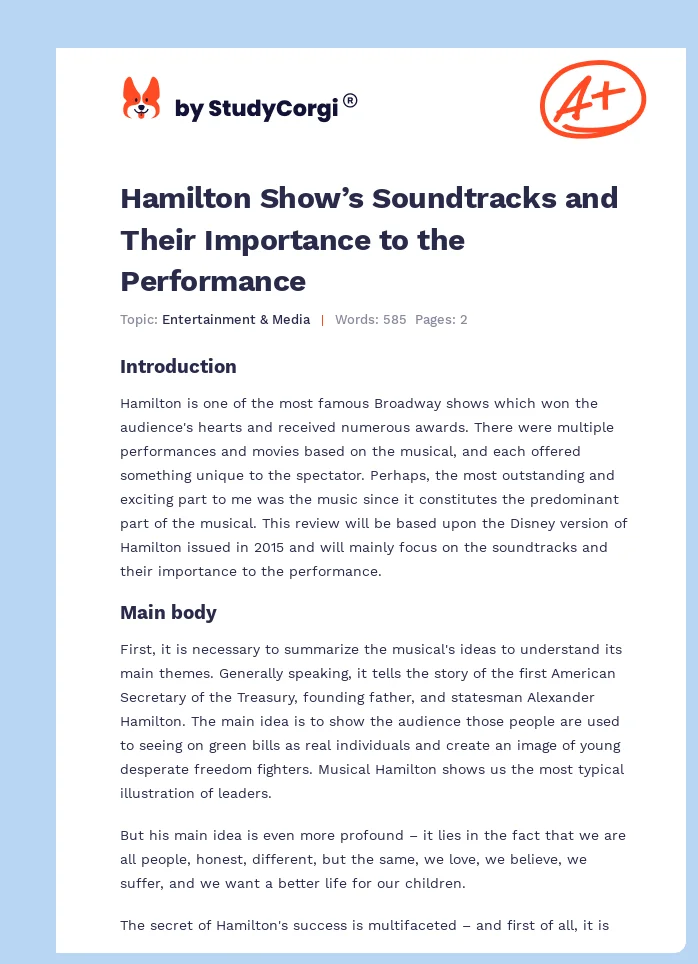 Hamilton Show’s Soundtracks and Their Importance to the Performance. Page 1