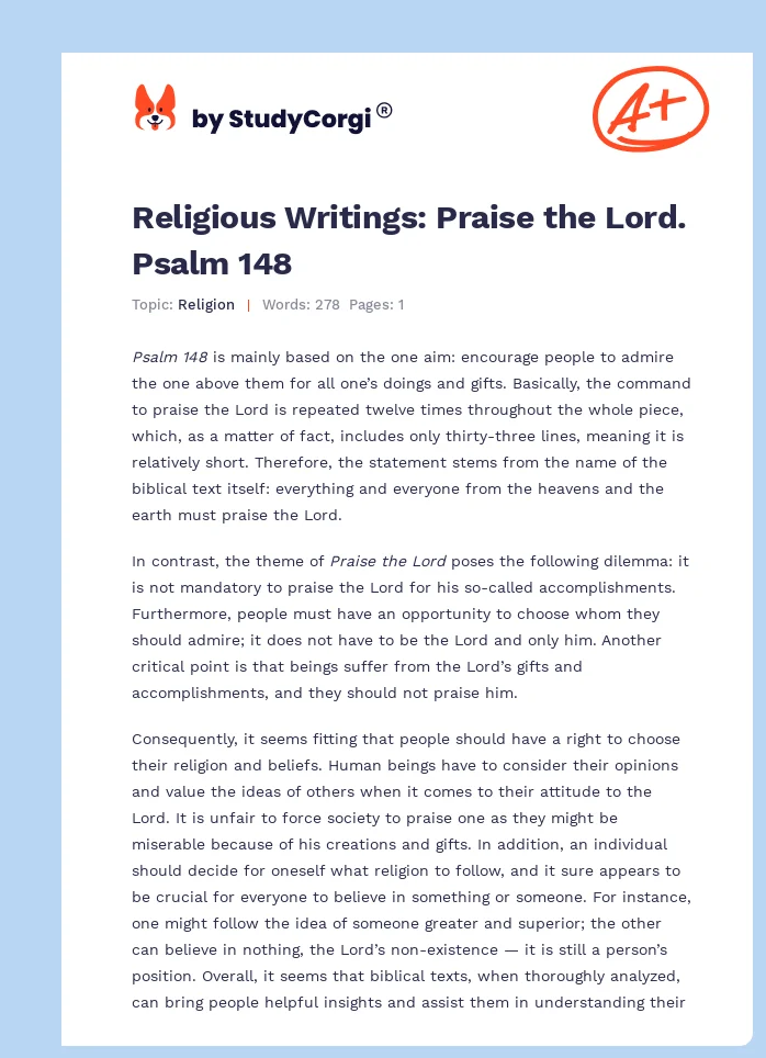 Religious Writings: Praise the Lord. Psalm 148. Page 1