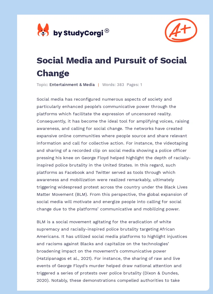 Social Media and Pursuit of Social Change. Page 1