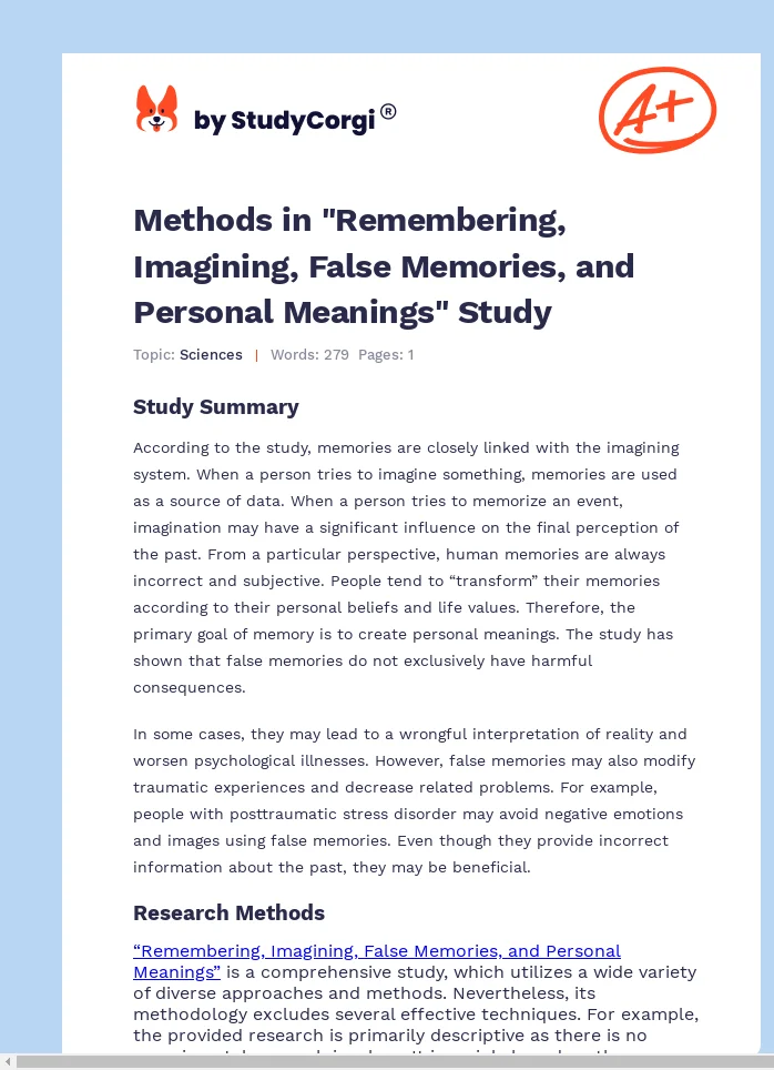 Methods in "Remembering, Imagining, False Memories, and Personal Meanings" Study. Page 1